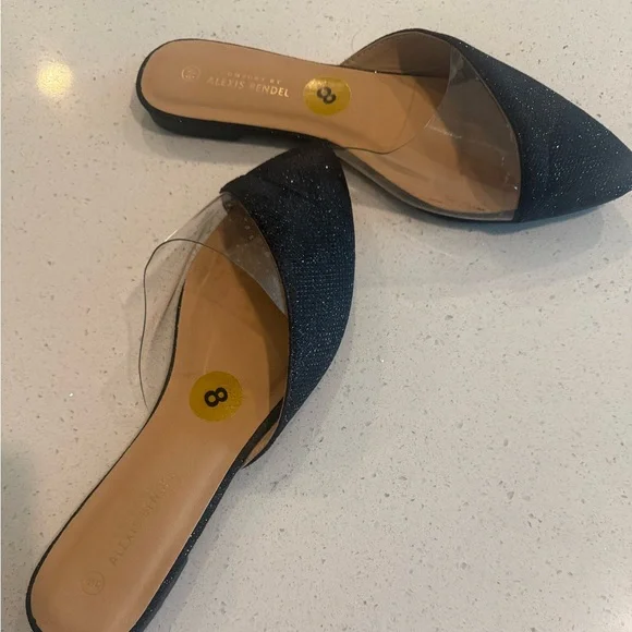 Womens Clear Strap Pointed Toe Mules Size 8 Black Glitter Slip On Chic - Picture 2 of 2